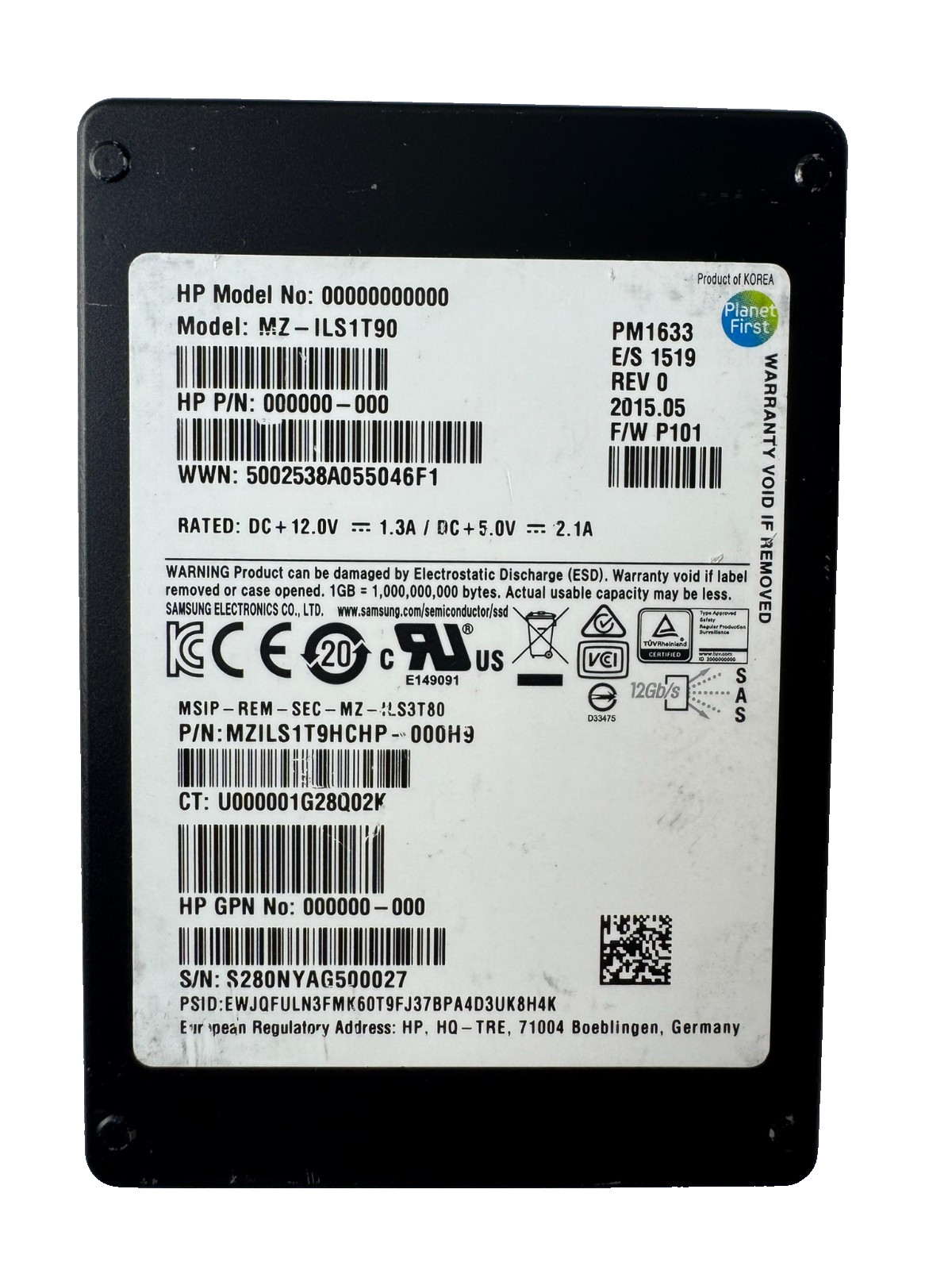 HPE SAMSUNG PM1633 1.92TB 2.5" SAS SSD 12Gbps/512b/sector/Great HEALTH-98-99%