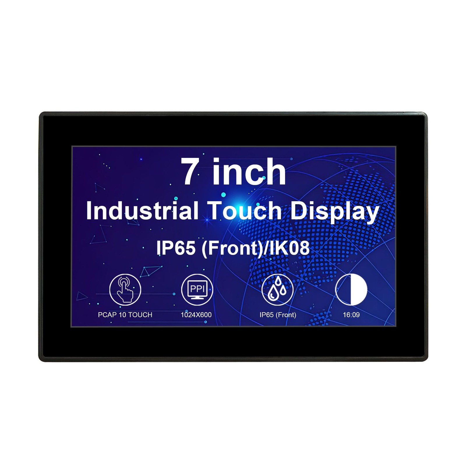 7" 1024x600 PCAP 10 Touch Industrial Monitor,IP65 (Front),for DIY CNC Machine