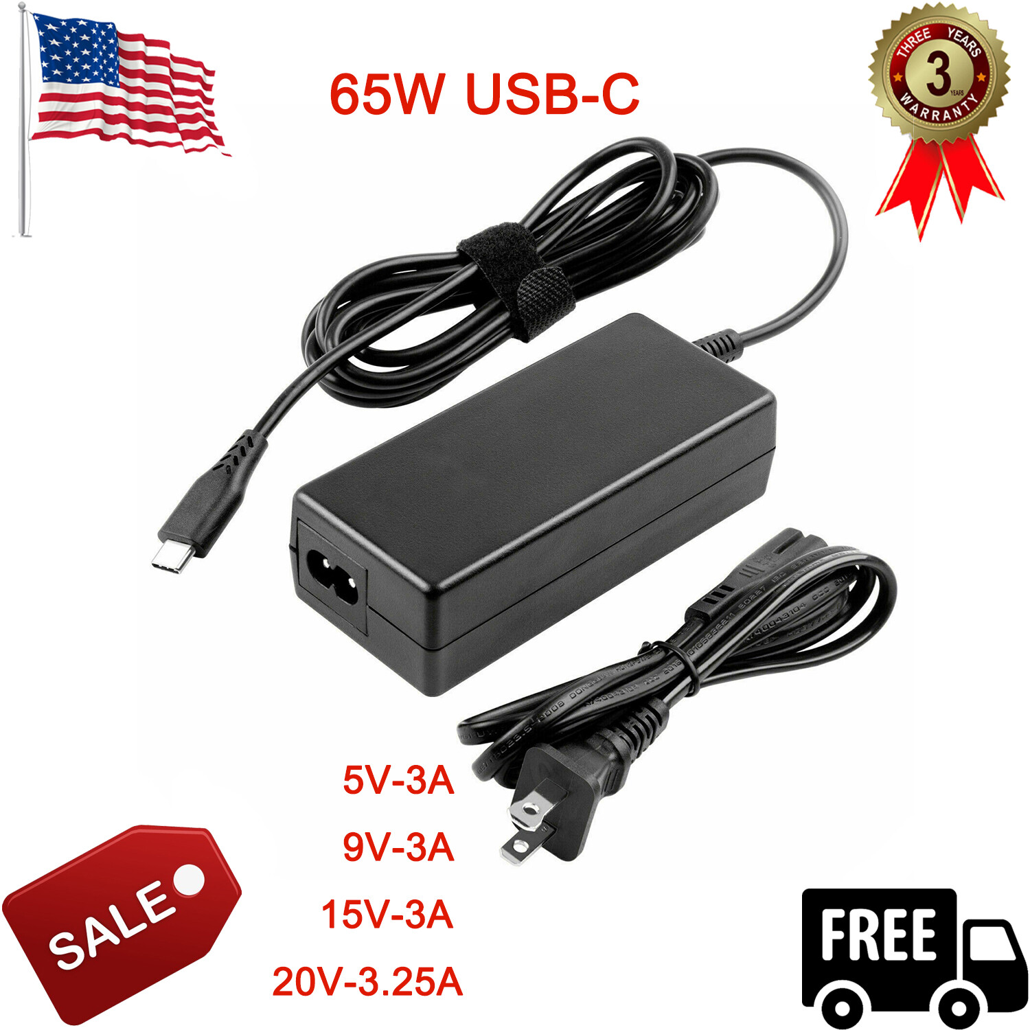 65W USB C AC Adapter Charger ADLX65YCC3A For Lenovo Chromebook 100e 300e 500e US