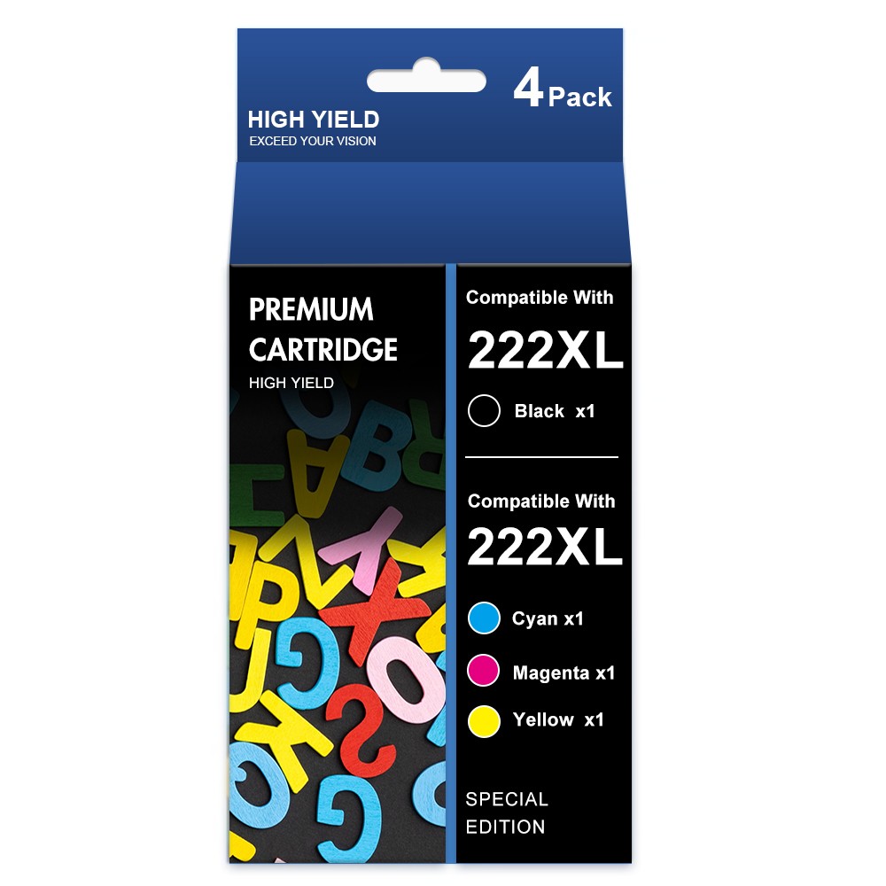 4 Pack BCMY T222XL 222XL Replacement Ink Cartridges with WF-2960 XP-5200 Printer