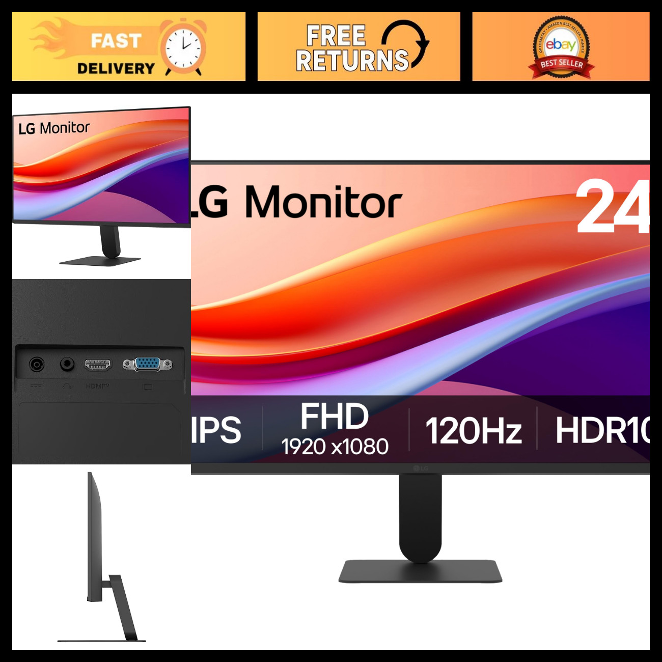 24" Full HD IPS Monitor 1920x1080, 120Hz, HDR10, Flicker Safe, HDMI, Slim Design