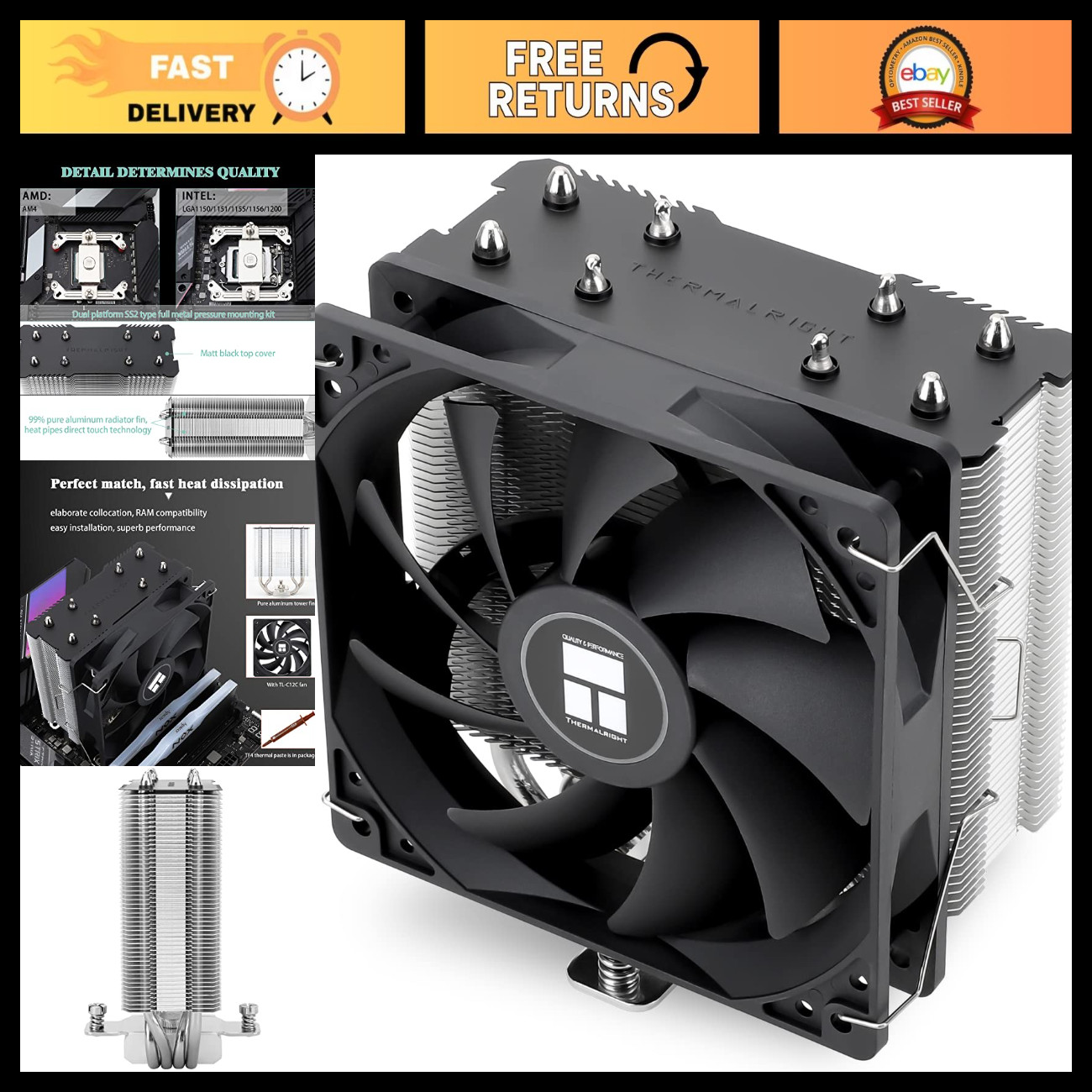 High-Performance CPU Air Cooler, 4 Heat Pipes, Quiet PWM Fan, AMD/Intel Compatib