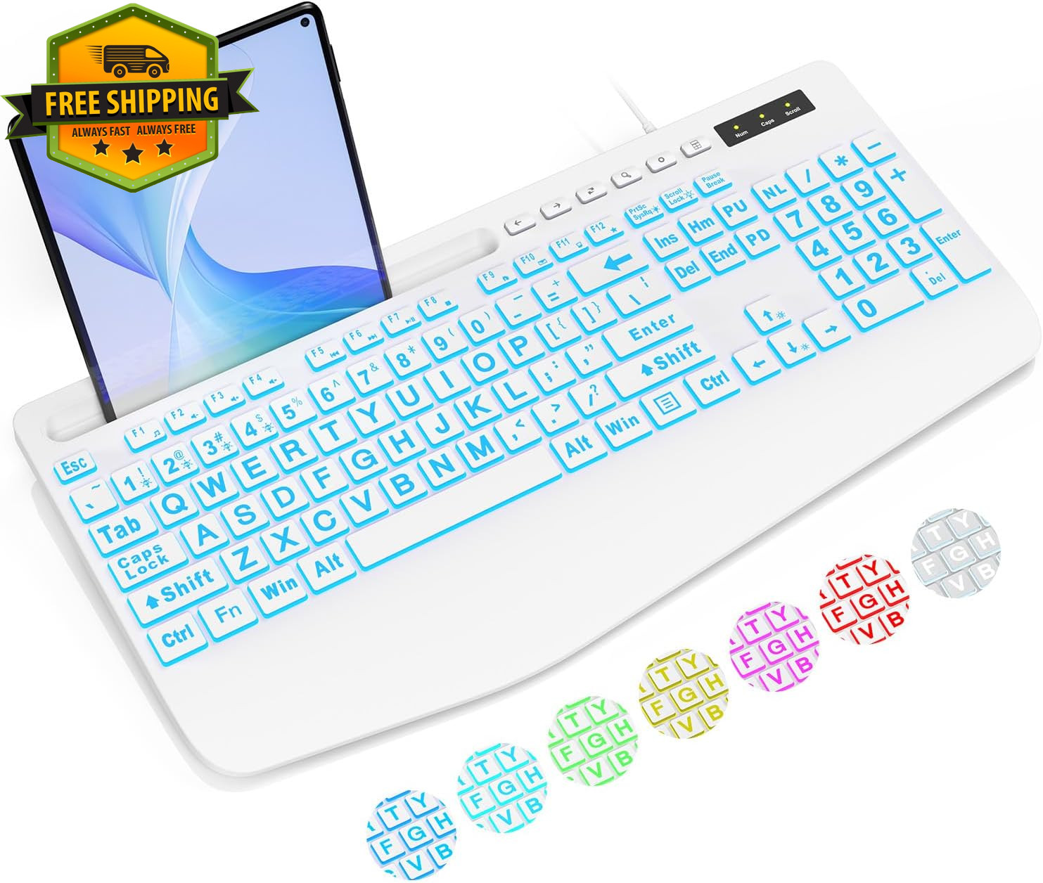 Wired Large Print Backlit Computer Keyboard with Wrist Rest White USB Full Size