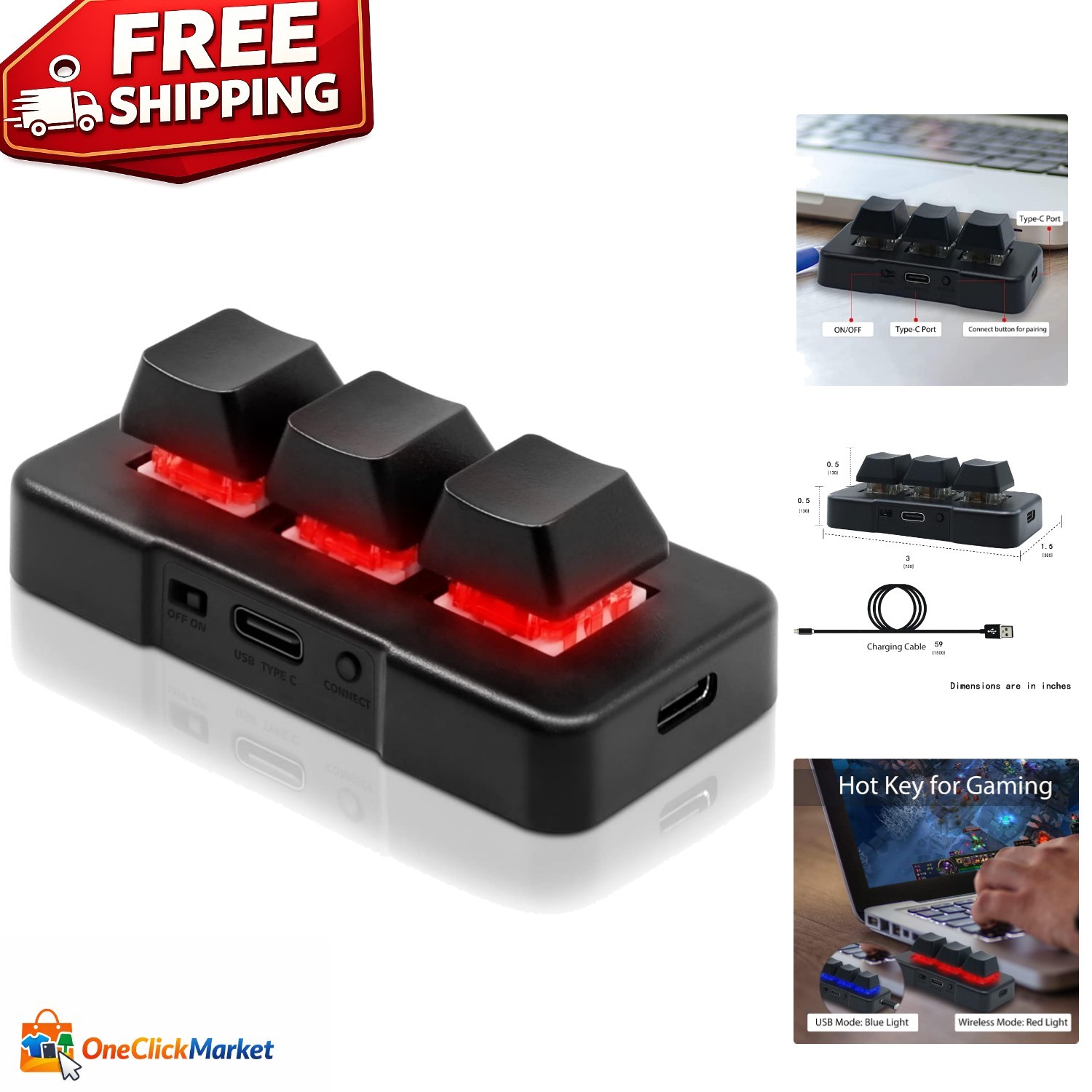 Ambidextrous 3-Key Wireless Keypad - RGB Mechanical Keyboard for Multi-OS
