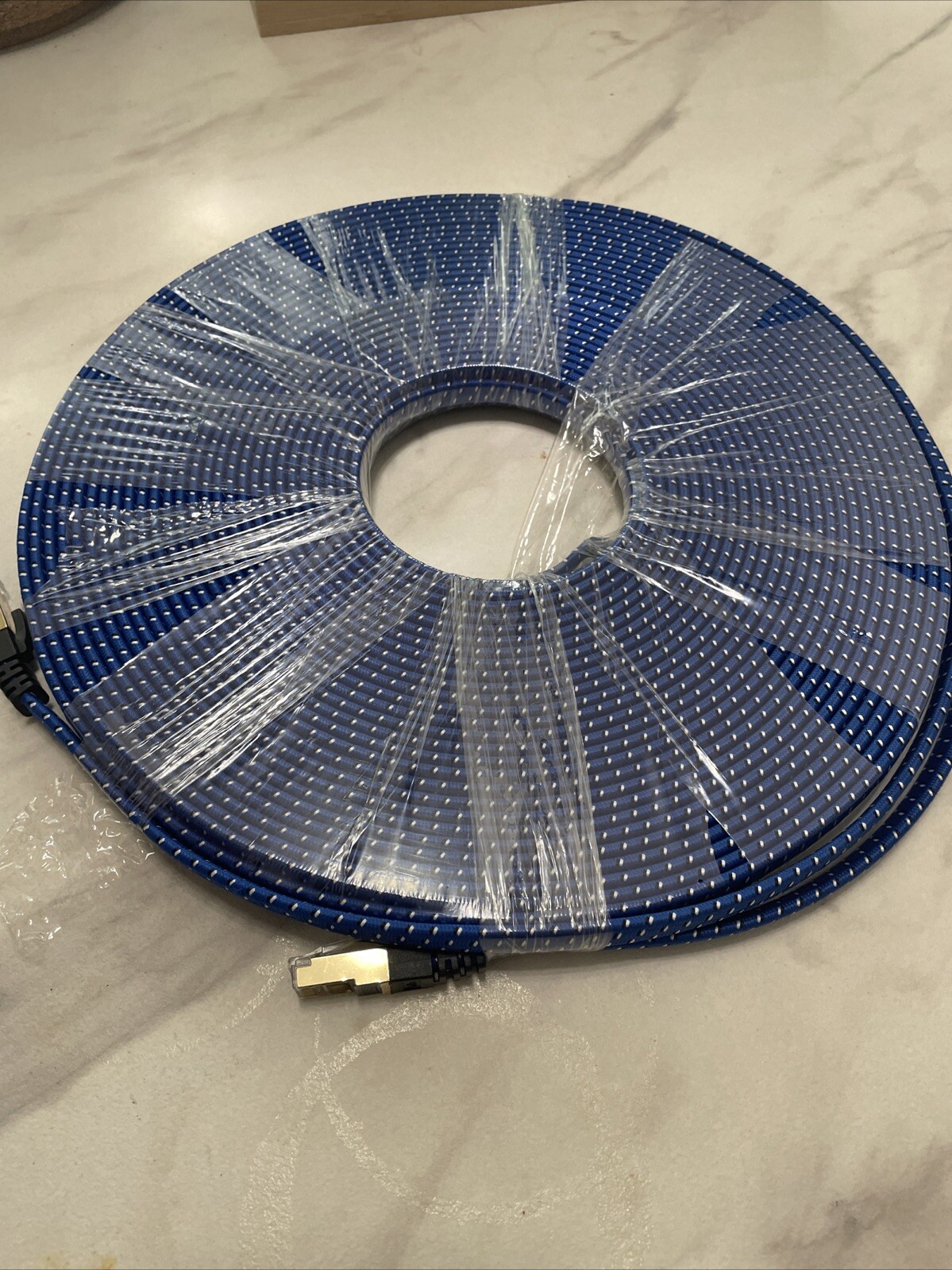 50ft Gold Plated CAT-7 10 Gigabit Ethernet Ultra Flat Patch Blue Braided RJ45