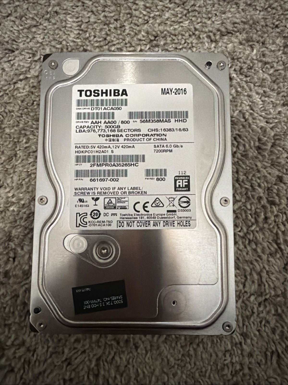 HP Toshiba DT01ACA050 661697-002 500GB 7.2K SATA 6Gb/s 3.5" Hard Drive HDD