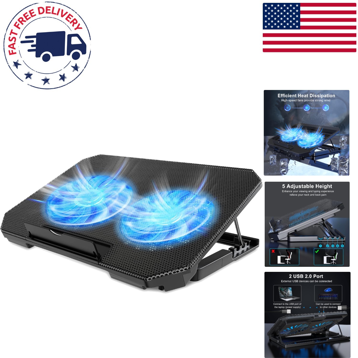 Ergonomic Laptop Cooling Pad with Adjustable Height & Dual Quiet Fans, Black