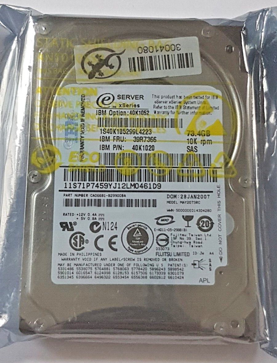 73.4GB SAS IBM xSeries 40K1052 FRU 39R7366 10K RPM 16MB HDD 2.5" Hard Drive New
