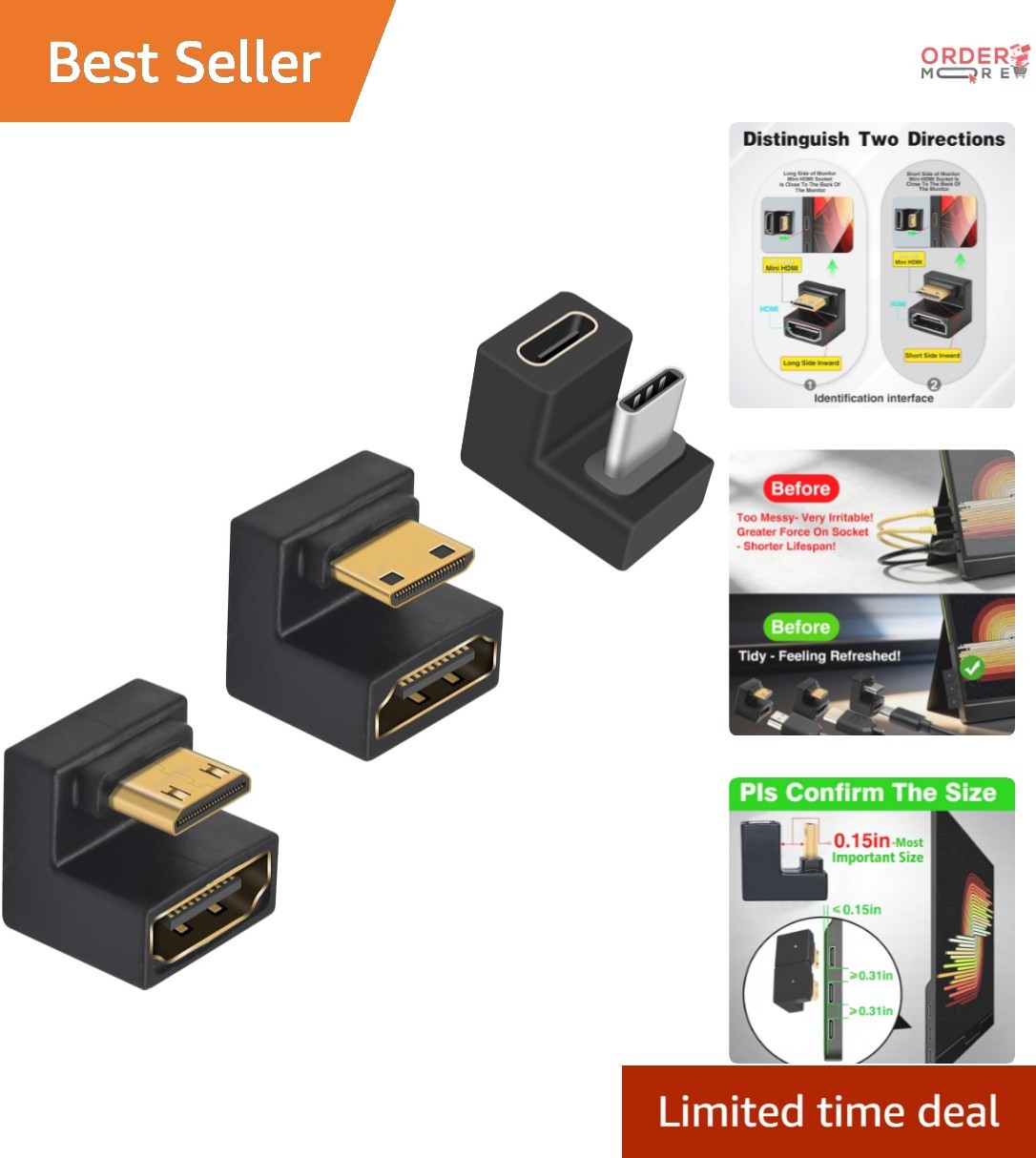 Mini HDMI to HDMI Adapter 180 Degree U-Shaped 8K 48Gbps for Monitors Cameras