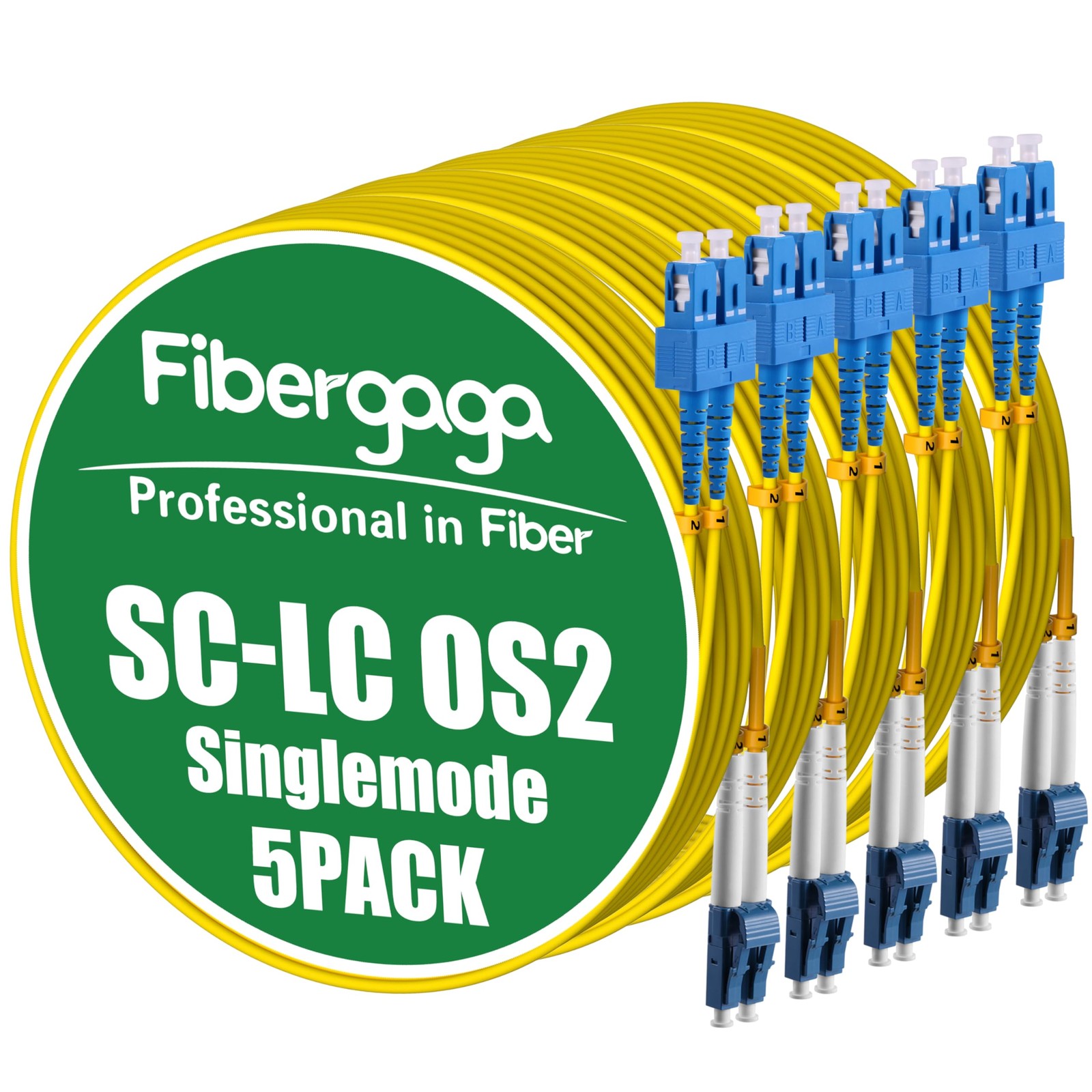 Fibergaga® OS2 LC to SC Fiber Patch Cable, Multimode, 3M(10ft), 5Pack | Multi...