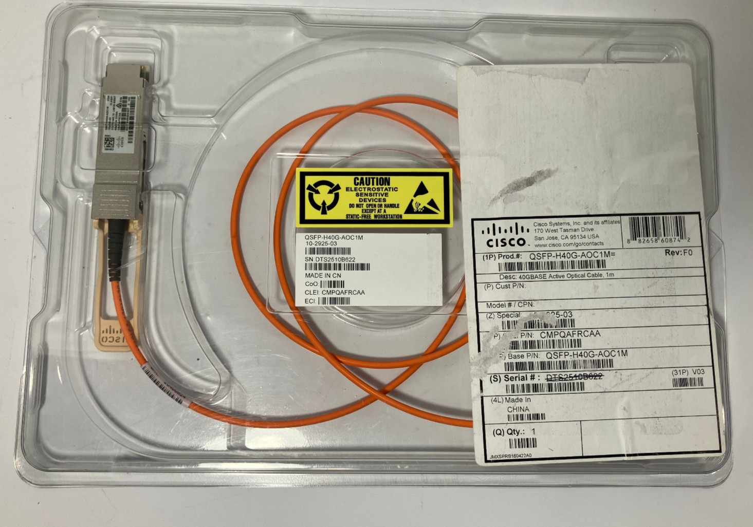 Cisco QSFP-H40G-AOC1M 1m 40GBASE QSFP+ Active Optical Cable 10-2925-03 New OB