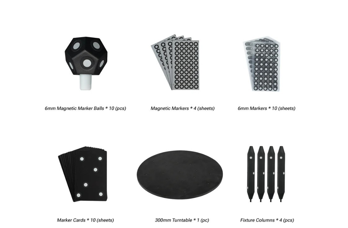 Universal 6mm 3D Scanning Accessory Kit  Turntable, Marker Balls, Cards, Columns