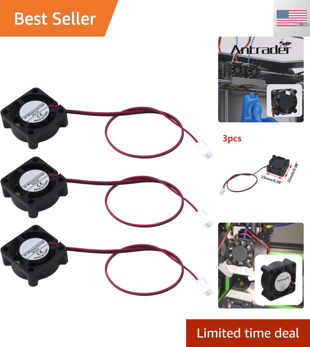 3Pcs 12V 0.1A 2Pin 25x25x10mm DC Small Mini Brushless Cooling Fan