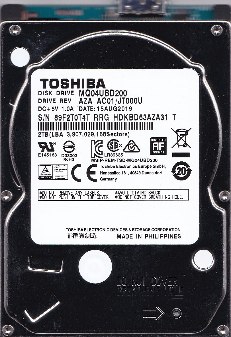 MQ04UBD200 rev: AZA AC01/JT000U p/n: HDKBD63AZA31 T AUG/2019 2TB USB 3.0 TOSHIBA