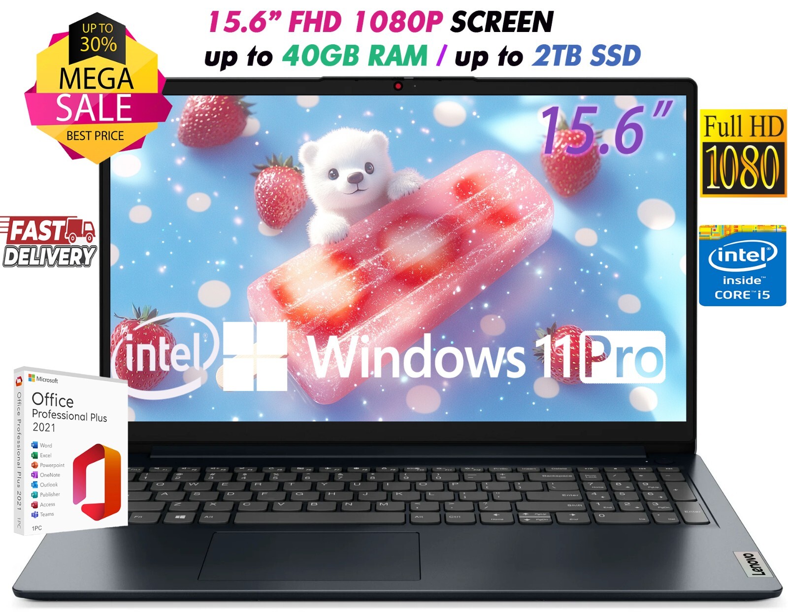 Lenovo Laptop 15.6" FHD Intel i5-1235U Up to 40GB RAM & 2TB SSD Win11 Pro+OFFICE
