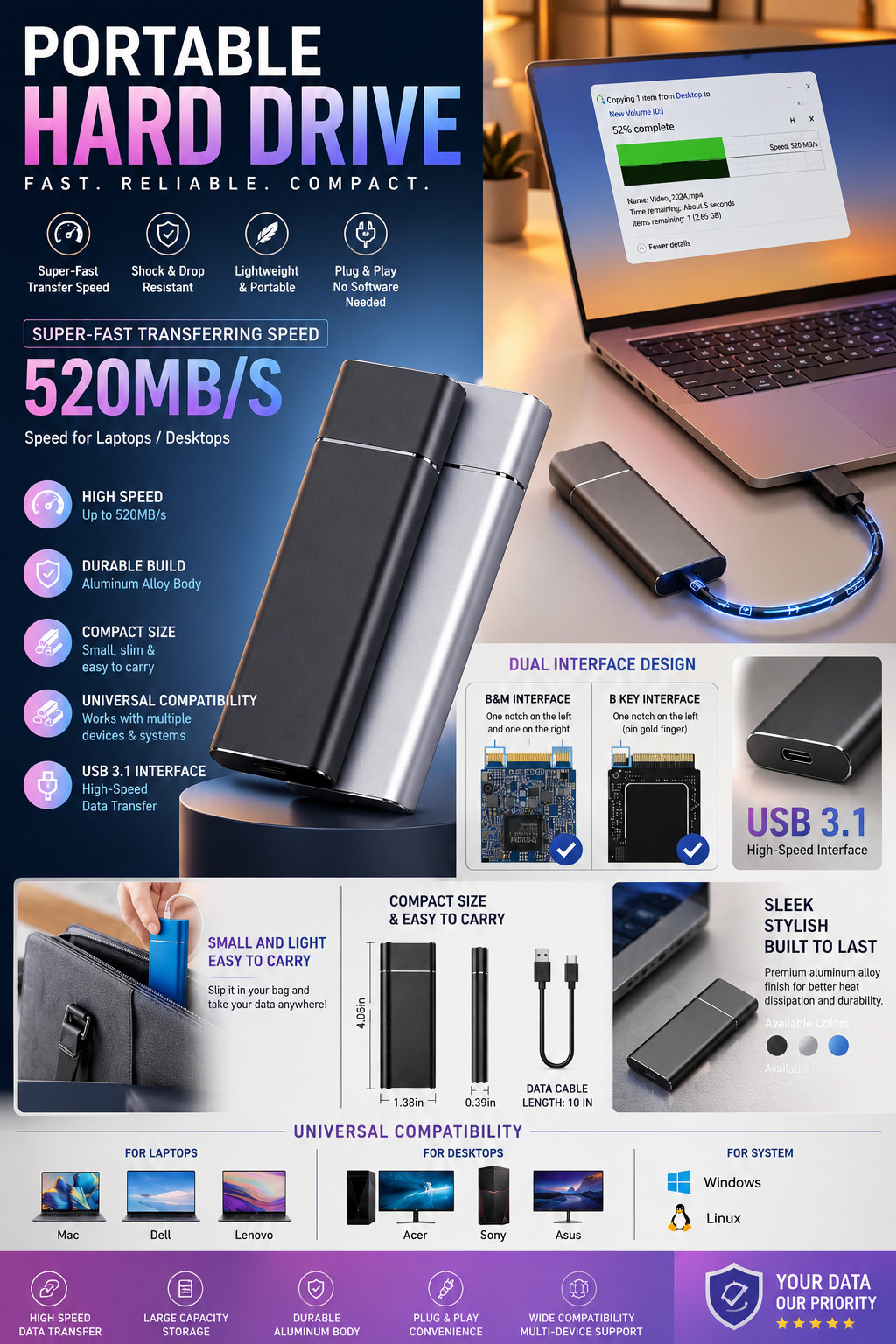 16TB Portable External Hard Drive USB 3.1 High Speed External SSD for PC & Mac