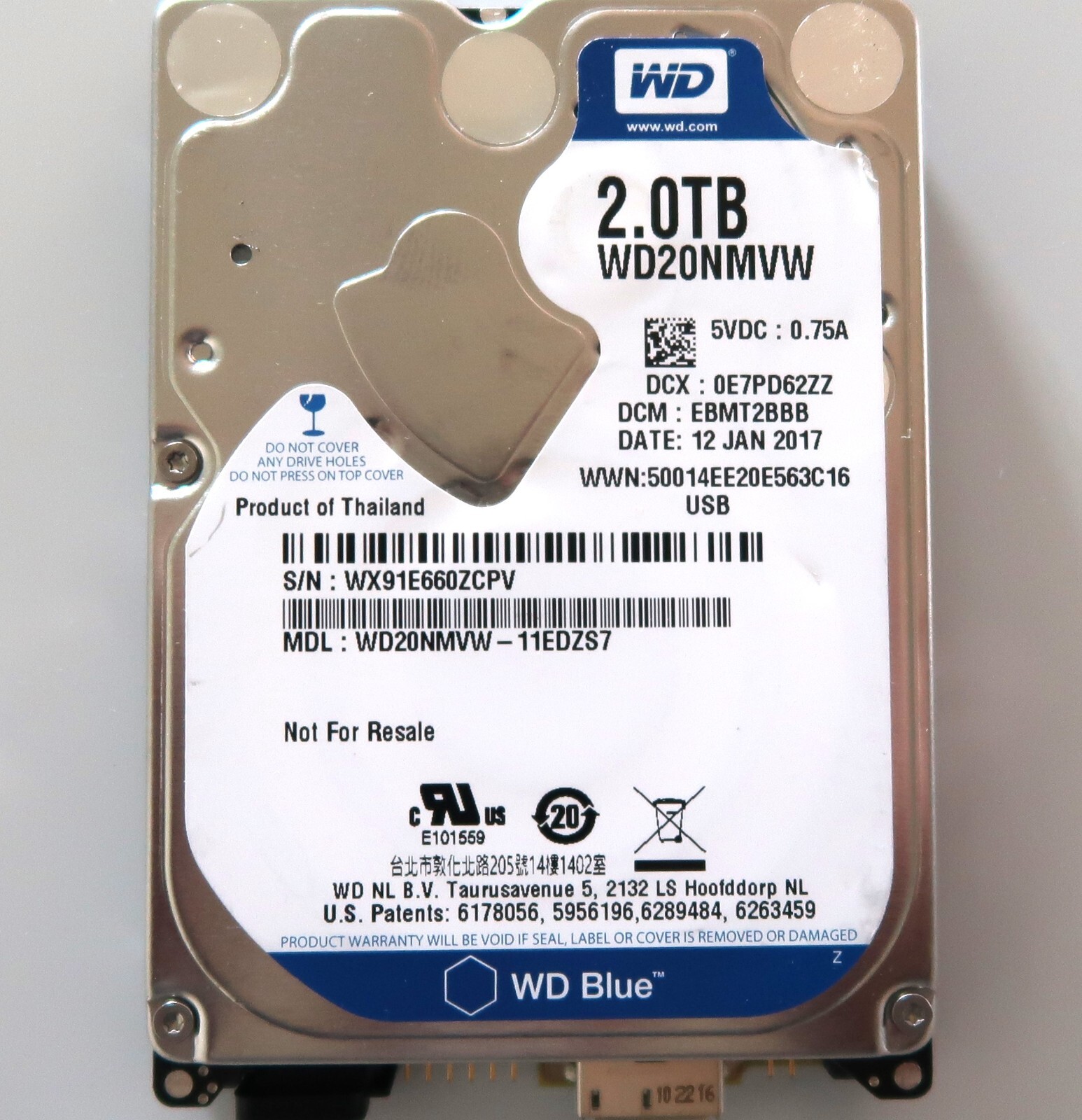 WD WD20NMVW-11EDZS7 (WX91) EBMT2BBB Thailand 2TB USB hard drive 12JAN2017