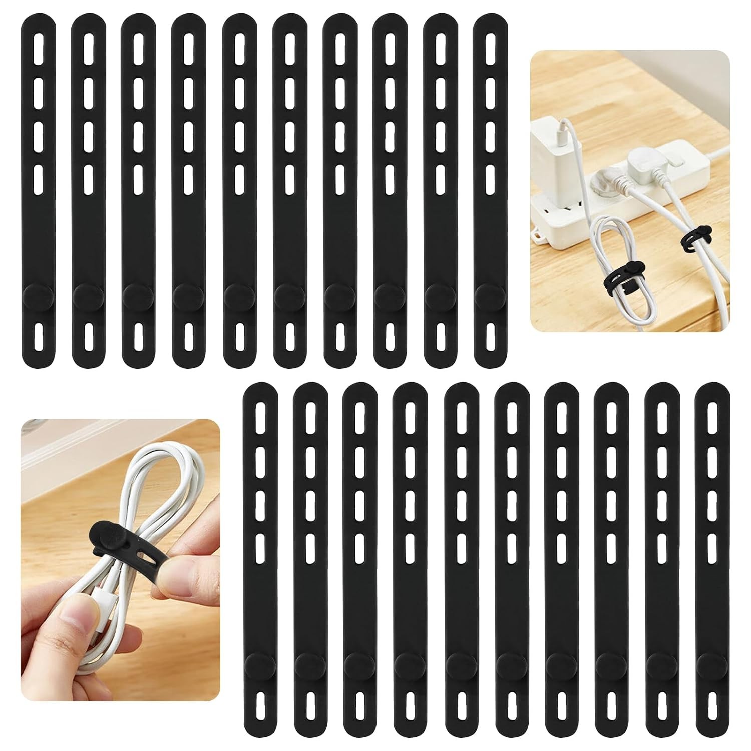 20 Pcs Black Reusable Silicone Cable Ties Wire Organizers Cable Management Tools