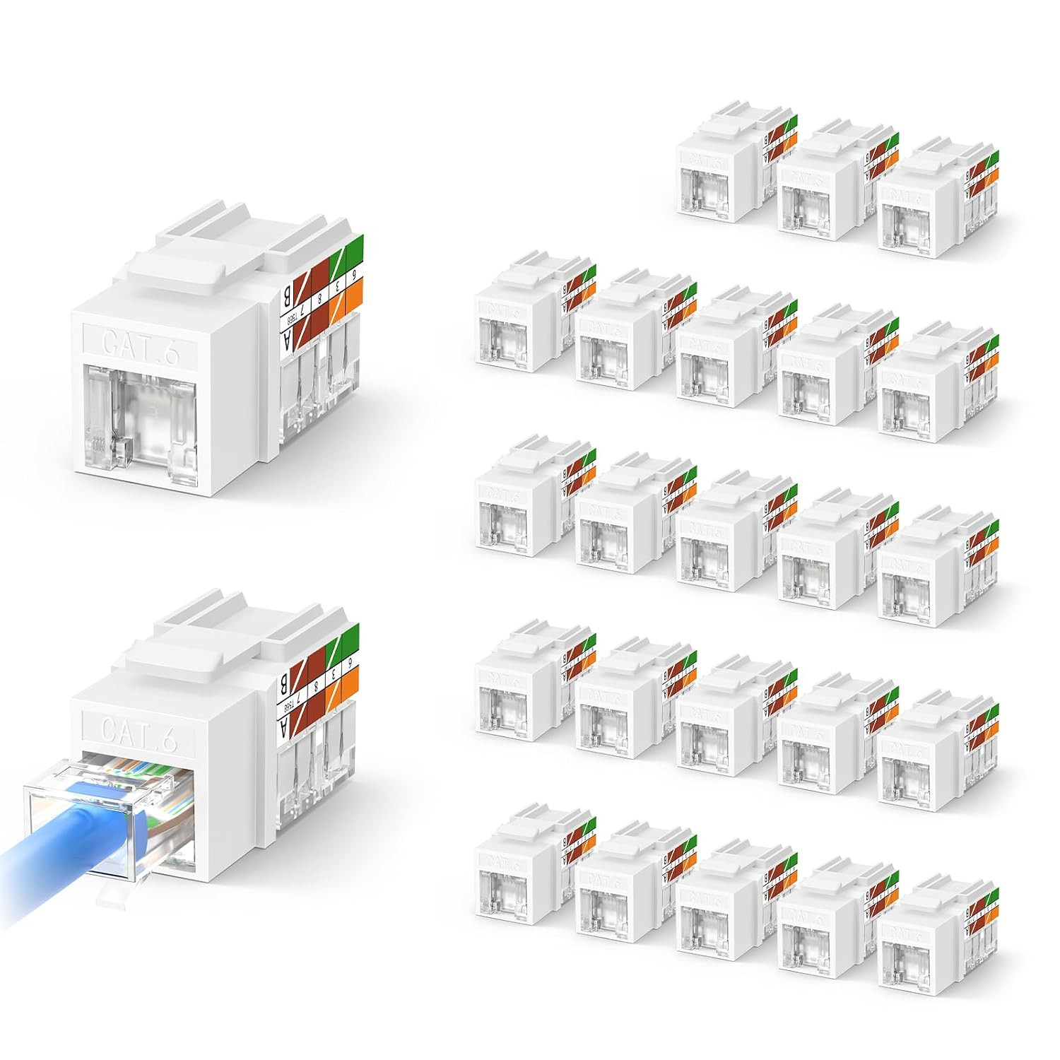 VCELINK Cat6 Keystone Jacks with Dust-Proof Cover, White, 25-Pack | Dust-Proof,