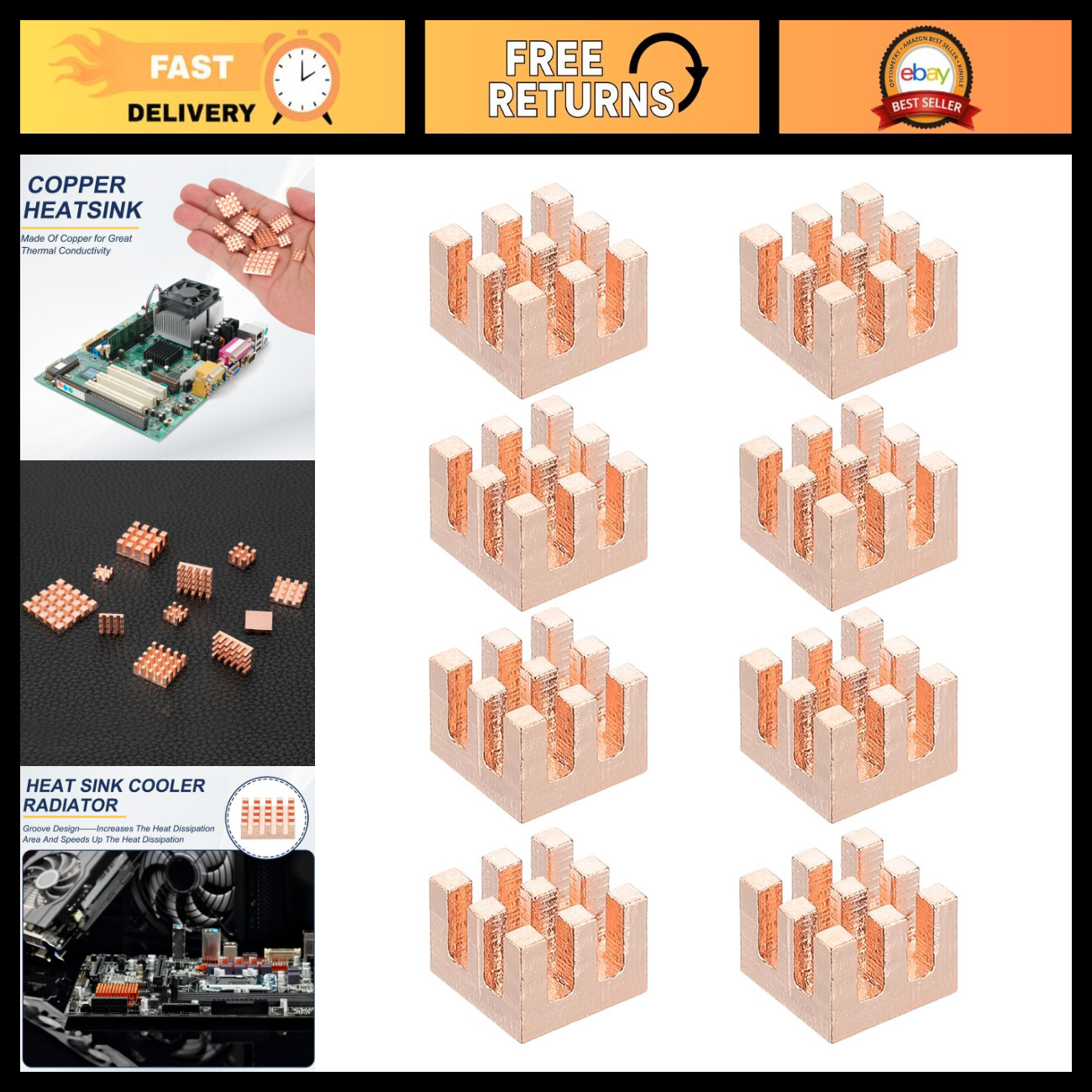 Copper Heatsink 8x8x6mm - 8 Pcs Heat Sink Cooler for Raspberry Pi, CPU, FET, Amp