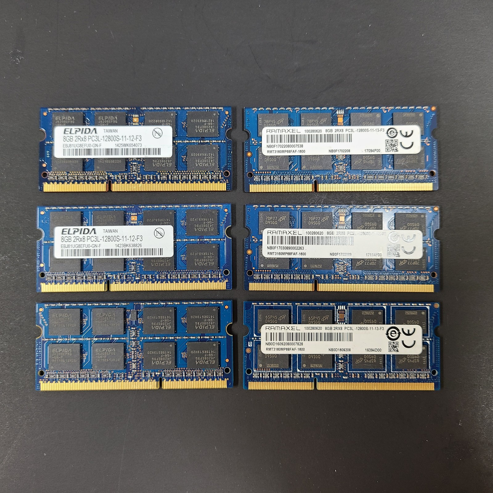 6x Ramaxel/ELPIDA 8GB PC3L-12800S LAPTOP MEMORY