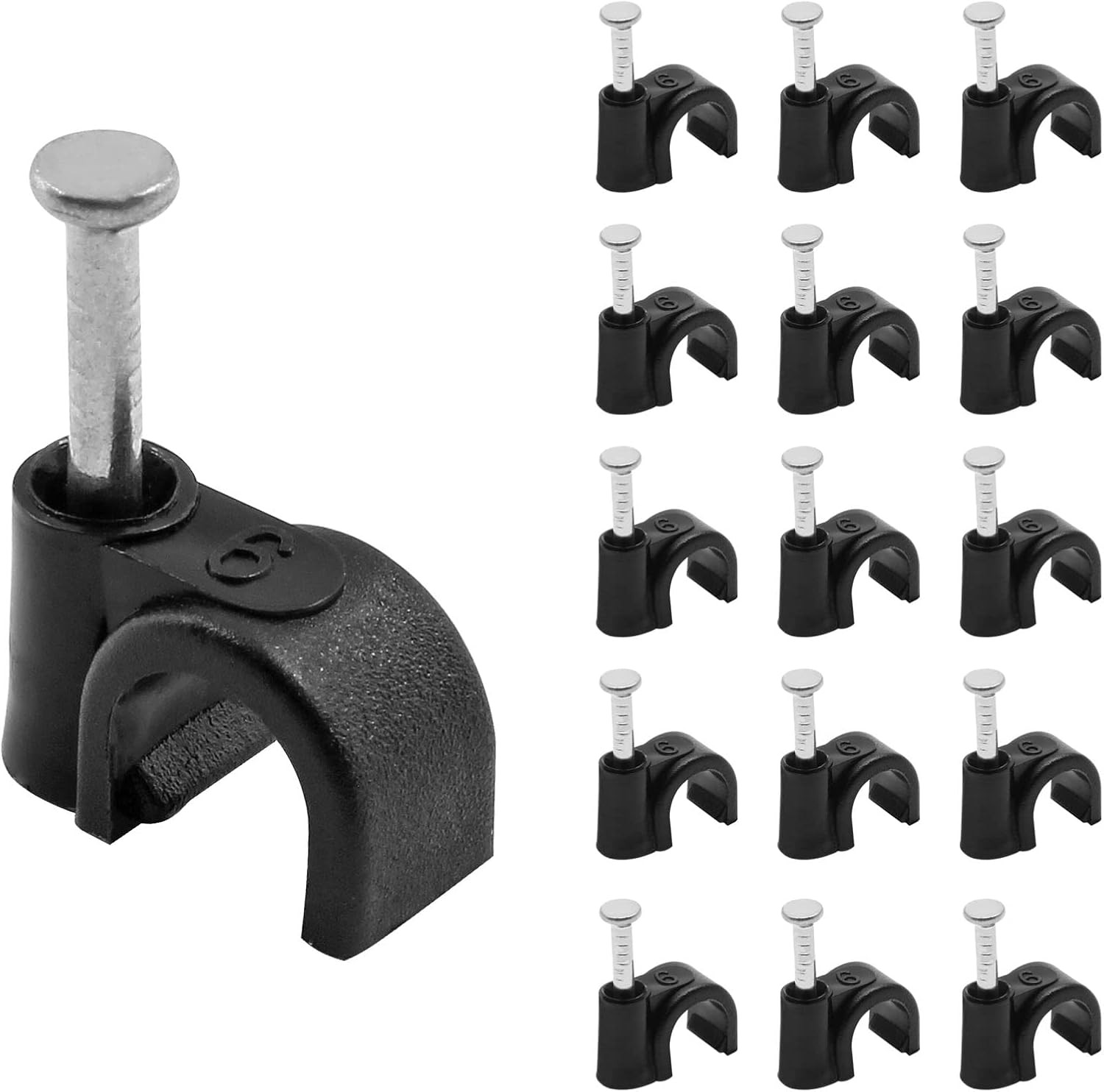 1/4" / 6mm Half Clamp J-Hook Cable Clips with Nail, Black, 100pcs