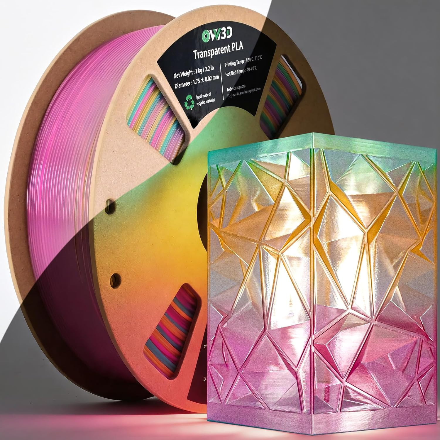 OVV3D Transparent Rainbow PLA Filament 1.75Mm, Multicolor Purple Green Orange Tr