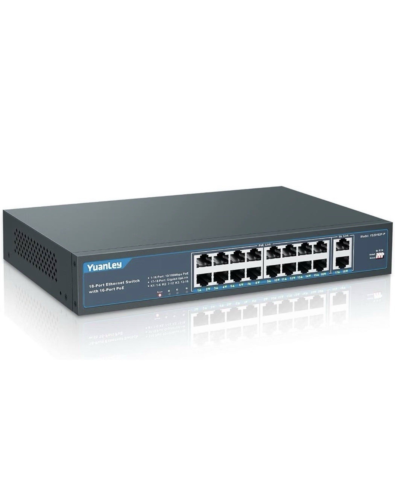 YuanLey 18-Port PoE Switch 16 PoE+ 2 Gigabit Uplink 250W 802.3af/at Unmanaged