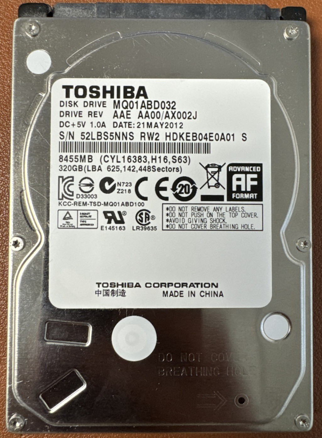 Toshiba 320GB 2.5" SATA Laptop Hard Drive HDD 5400RPM MQ01ABF032