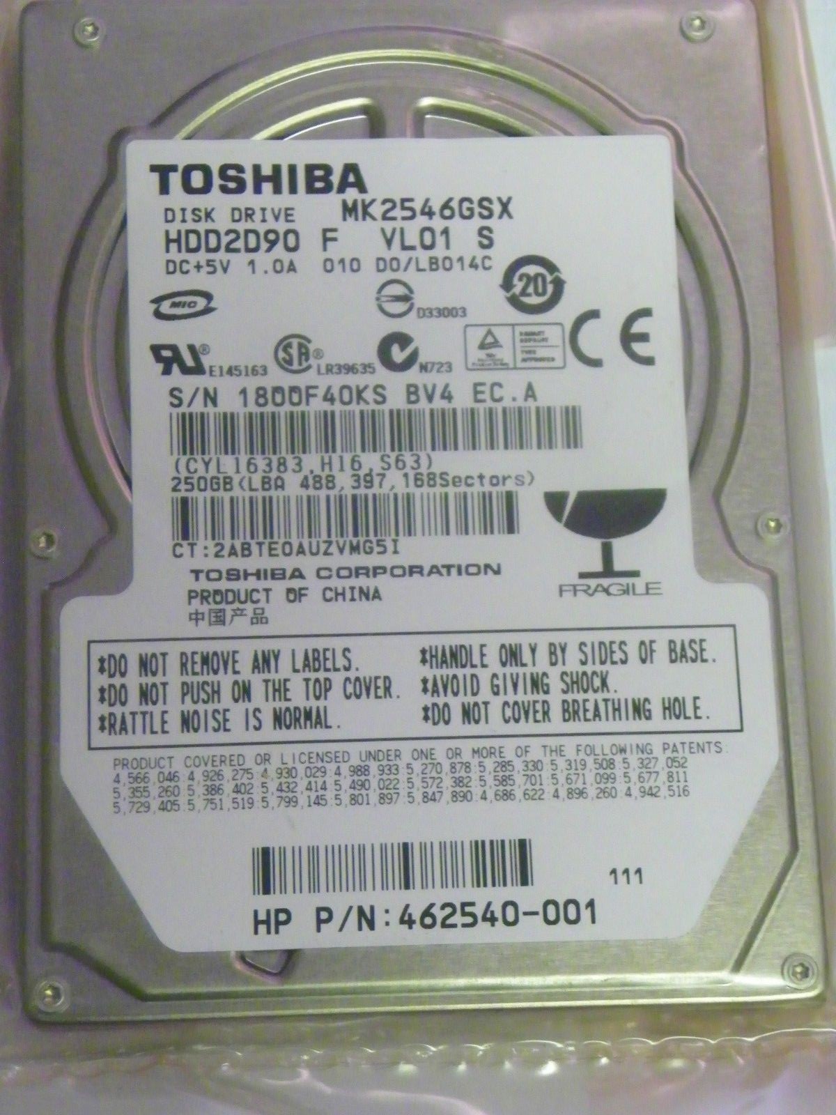 Toshiba MK2546GSX (HDD2D90 F VL01 S) 010 D0/LB014C Laptop 250GB 2.5" SATA HDD
