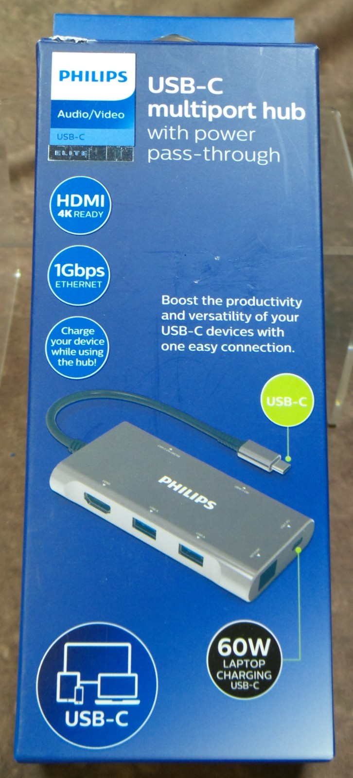 PHILIPS USB-C Multiport Hub 60W PD Port, HDMI,  Enet, SD,  MicroSD, Dual USB 3.0