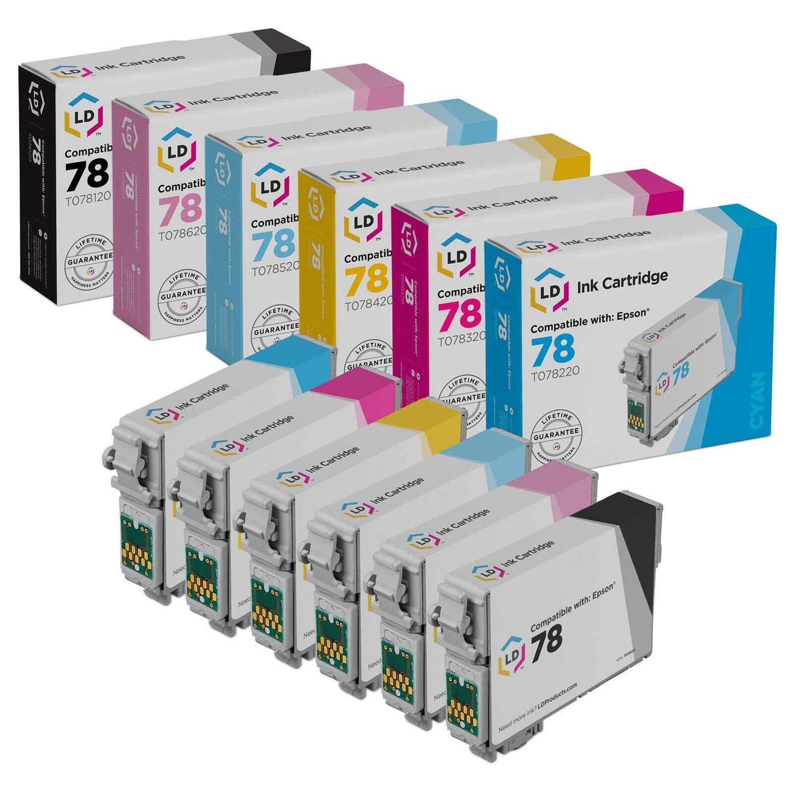 LD T078 Black and Color Ink Cartridges Set of 6 for Epson T078 #78  RX580 RX595