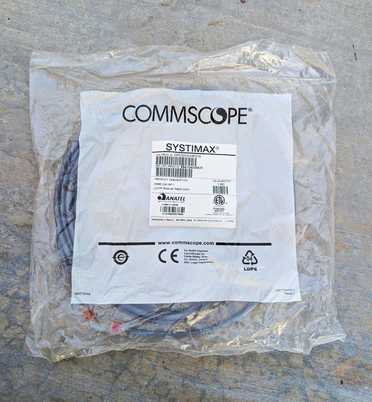 CommScope SYSTIMAX CPC3312-03F015 Ethernet Patch Cable RJ-45 15 ft Gray
