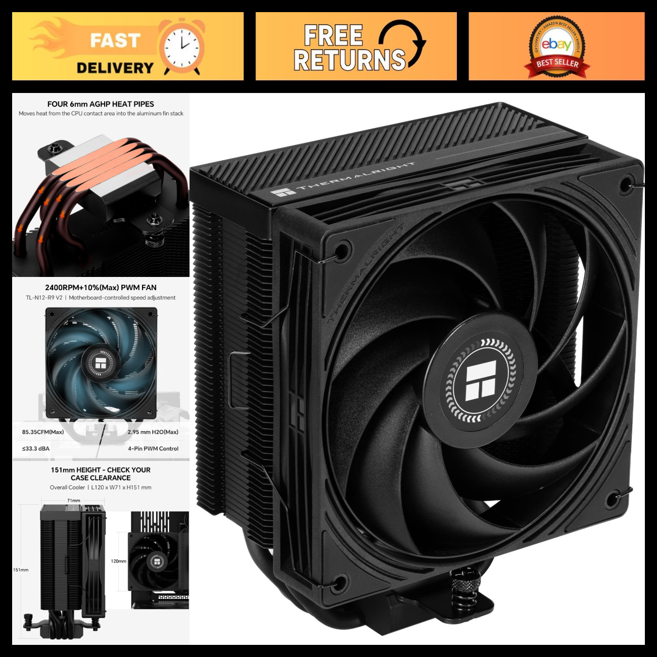 High-Performance 120mm CPU Air Cooler, 2400RPM PWM Fan, Silent Cooling Solution