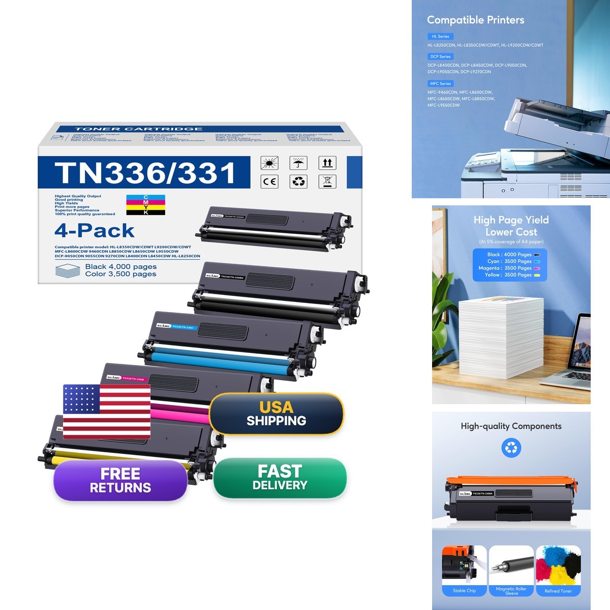 TN336 Compatible Toner Cartridge High Yield for Brother HL-L8350CDW 4 Pack