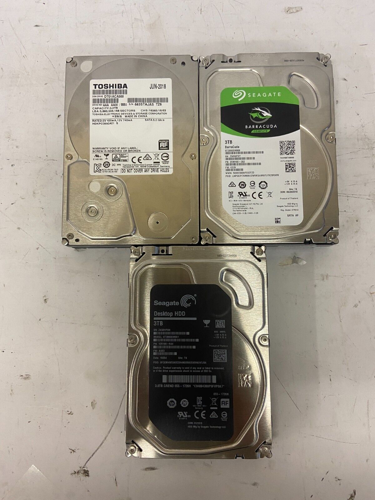 Lot of 3 Mixed Manufactures 3TB 7200RPM SATA 6Gbp/s Desktop HDD
