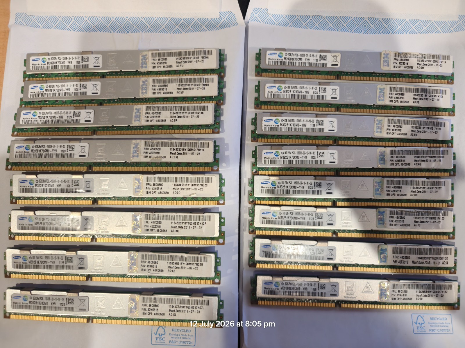 16 x Samsung 8gb 2Rx4 PC3L-10600R ECC Ram Server DDR3 RDIMM Reg - 128gb TOTAL