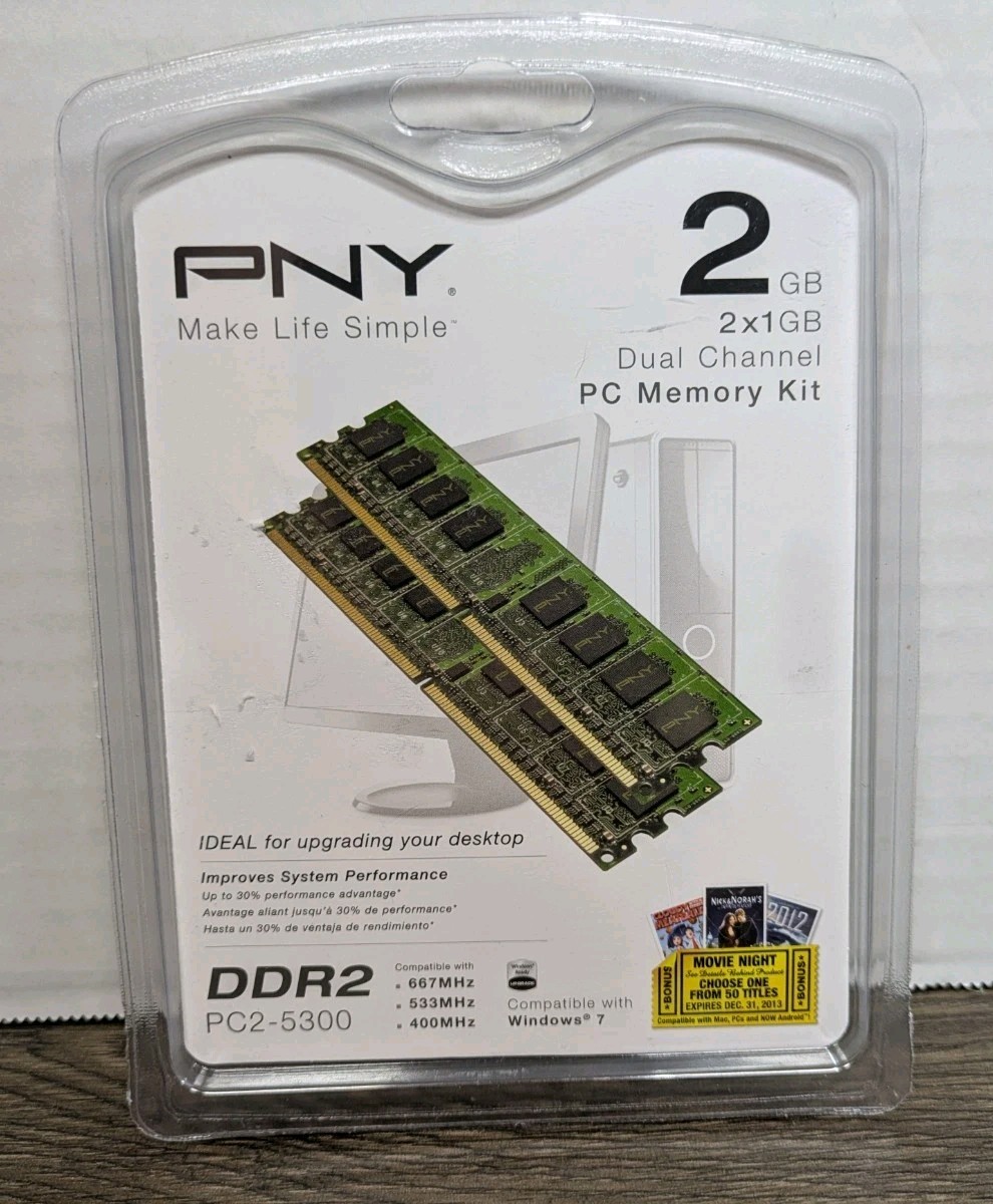 PNY 2GB (2x1GB) PC2-5300 667MHz DDR2 Desktop DIMMs Memory MD2048KD2-667 NEW