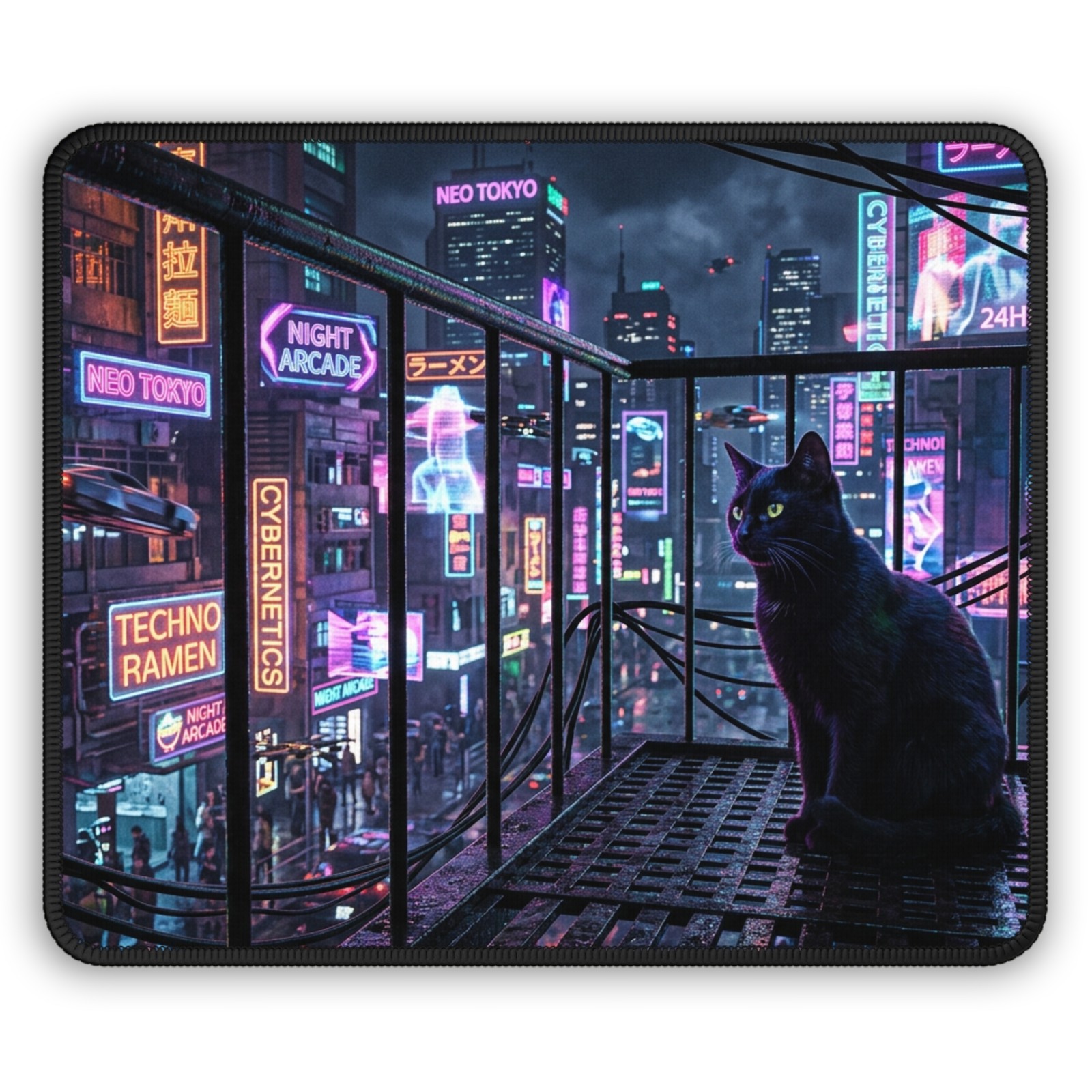 Black Cat Neon Cyber City Gaming Mouse Pad | Neon City Nightscapes