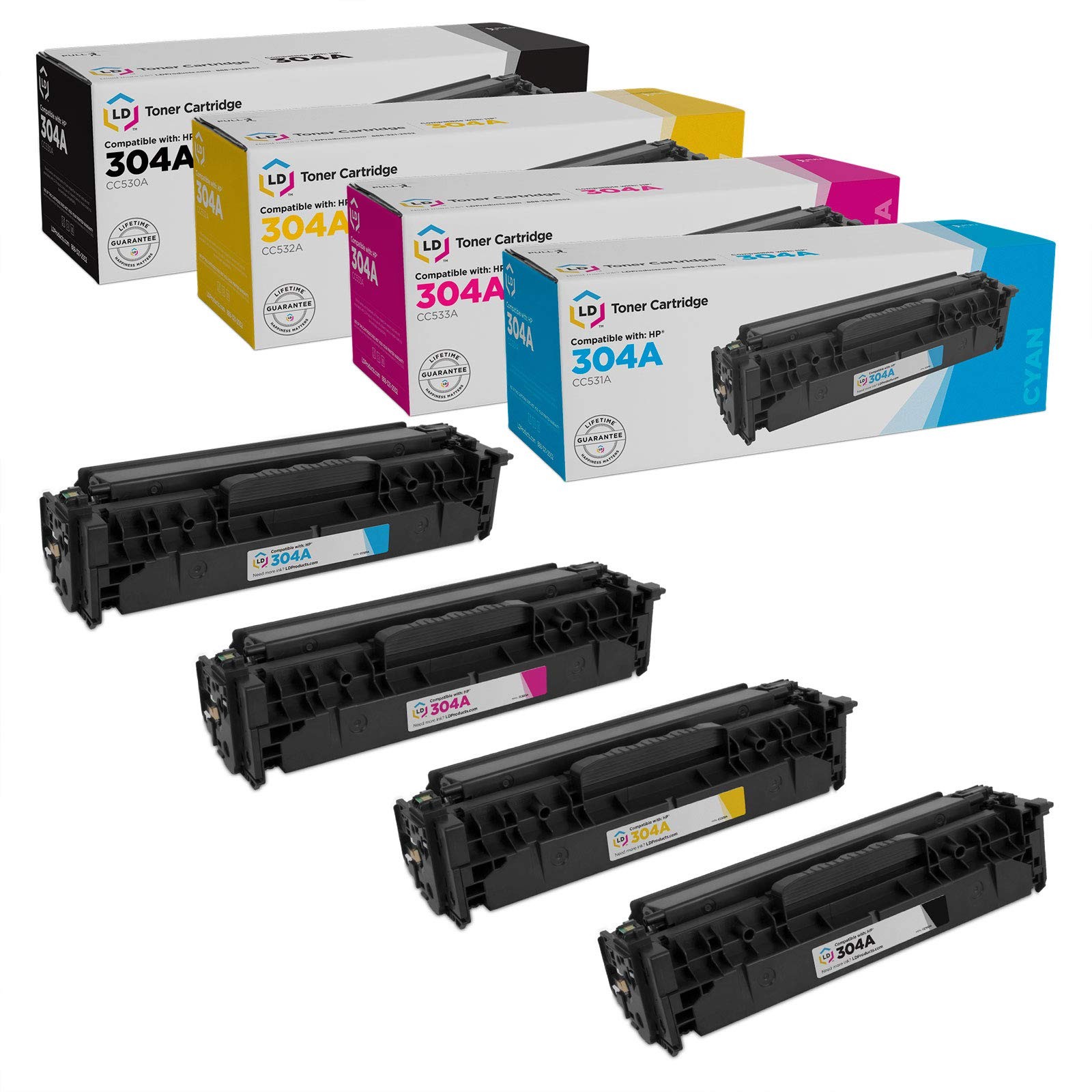 LD Toner Replacements for HP 304A (Black, Cyan, Magenta, Yellow)