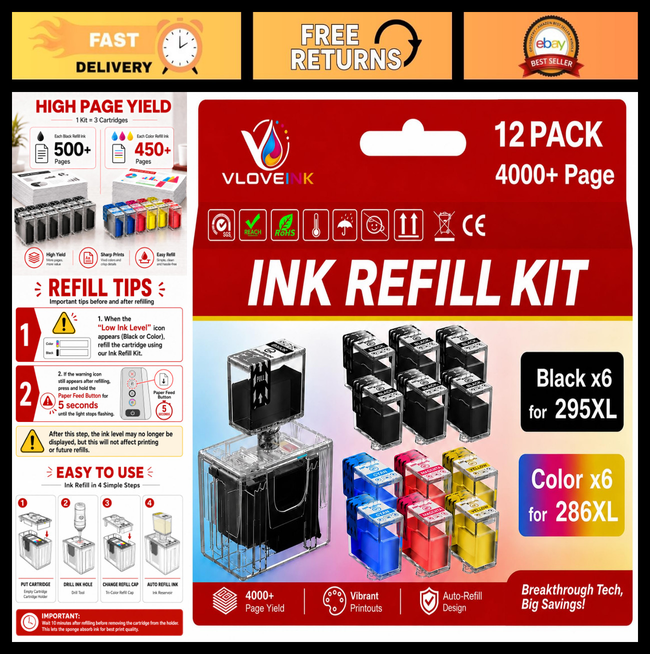 Ink Refill Kit for Canon PG-295 CL-286 | Compatible 12 Pack for TS4320 TS6520 TR