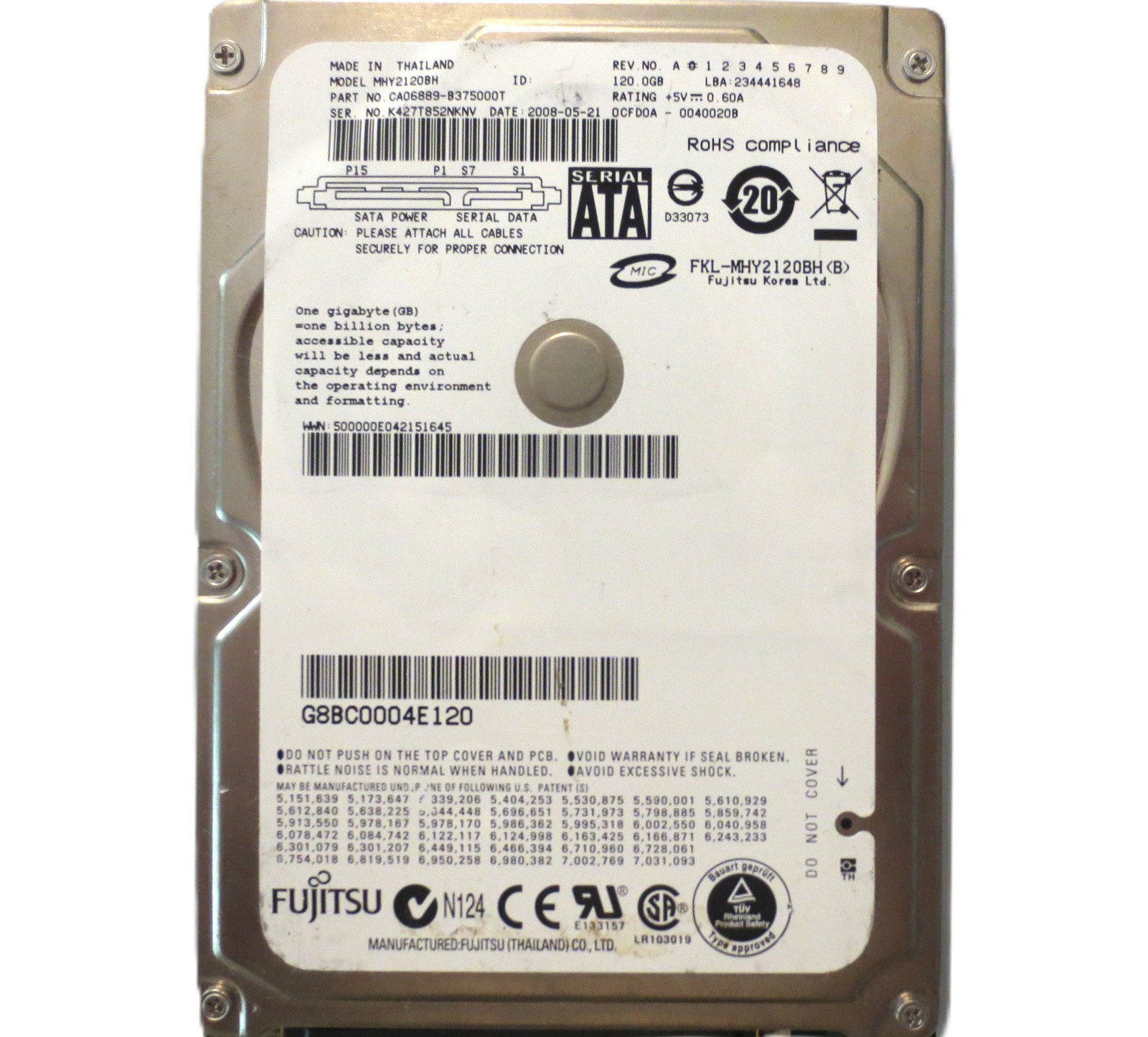 Fujitsu MHY2120BH CA06889-B375000T 00400208 Thailand 120gb Sata 2.5" HDD