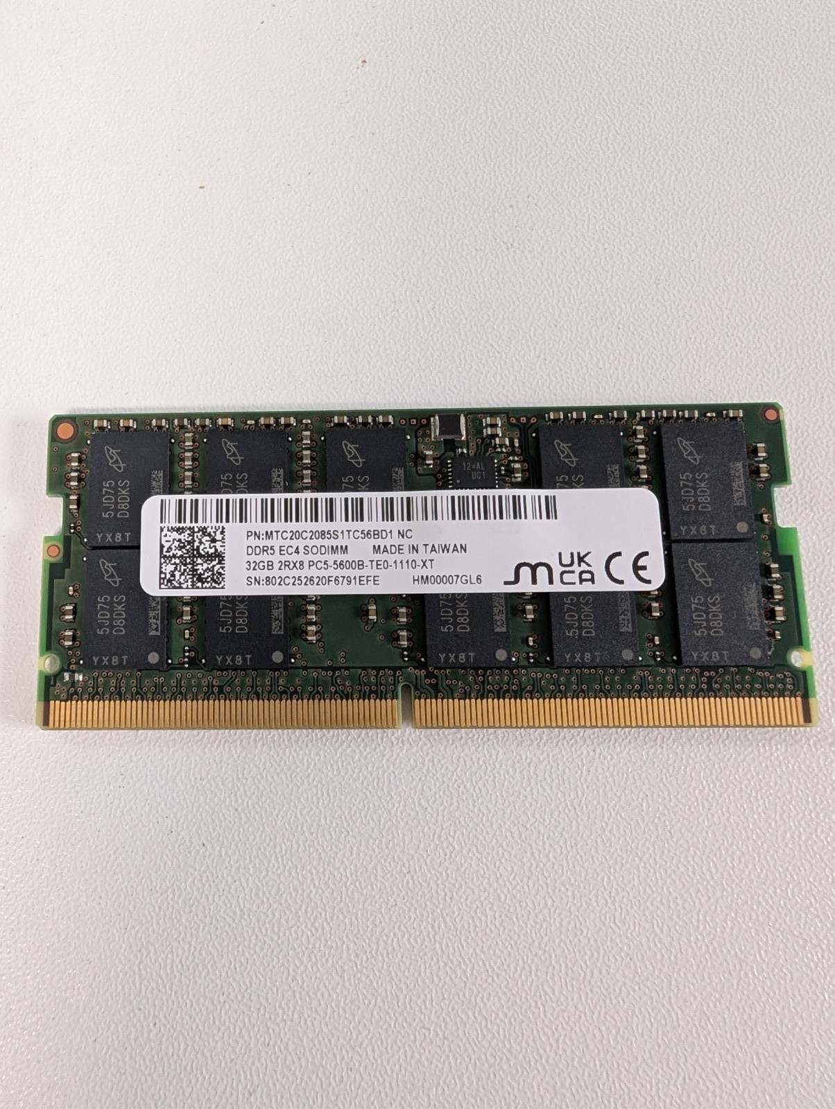 Micron 32GB 1x32GB DDR5 5600 CL46 ECC Unbuffered SO-DIMM MTC20C2085S1TC56BD1