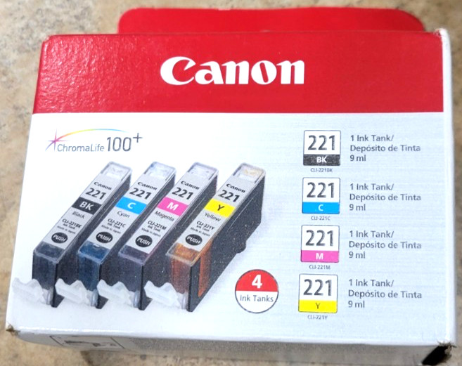 Genuine OEM Canon 221 - Black Cyan Magenta Yellow 4-Pack Ink Cartridges New