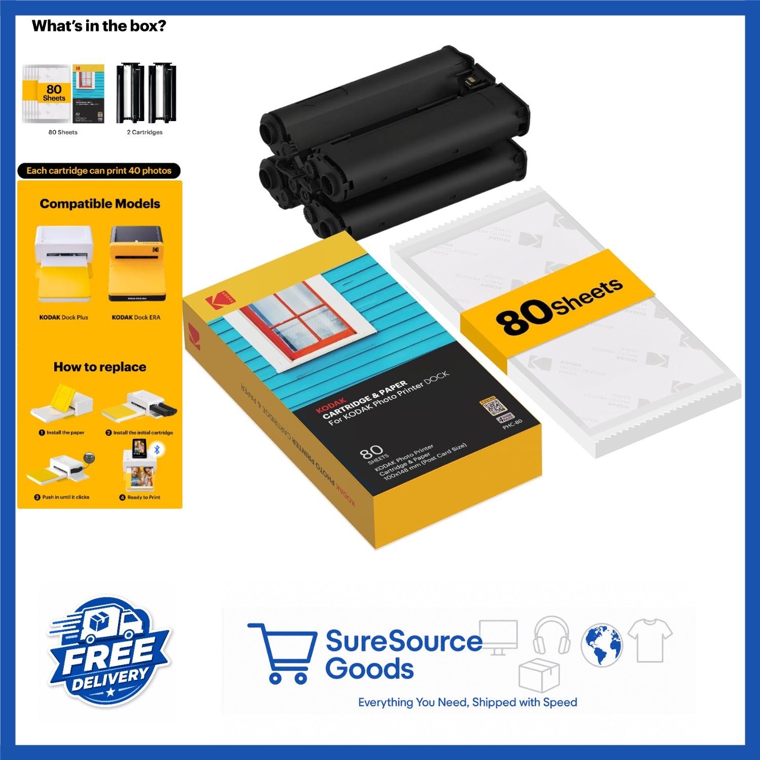 Kodak Dock Photo Printer Cartridge PHC-80 Refill & Photo Paper 80 Pack