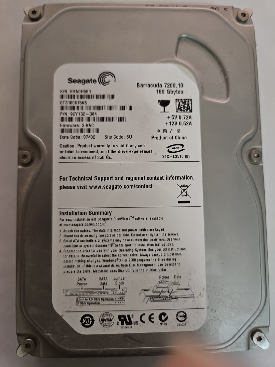 FOR Seagate ST3160815AS 160GB 7200RPM SATA 3.5" Internal Hard Disk Drive