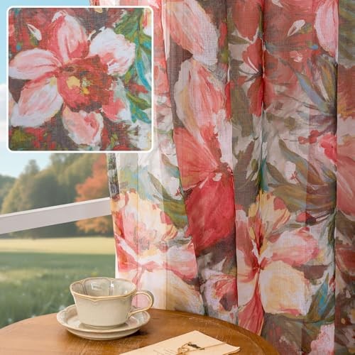 Floral Sheer Curtains 63 Inch Length 2 Panels 50"W x 63"L (Pack of 2) Red Peony