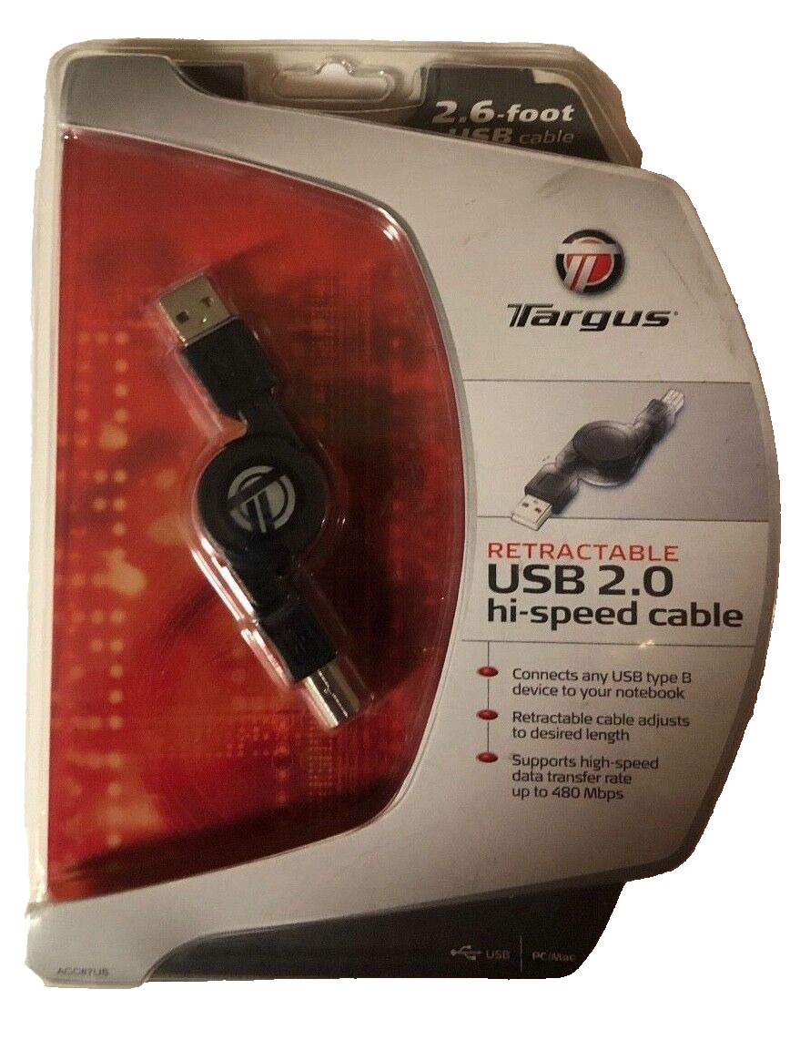 Targus Retractable 2.6 Foot USB 2.0 Hi-Speed Cable PC MAC Type A & Type B Male