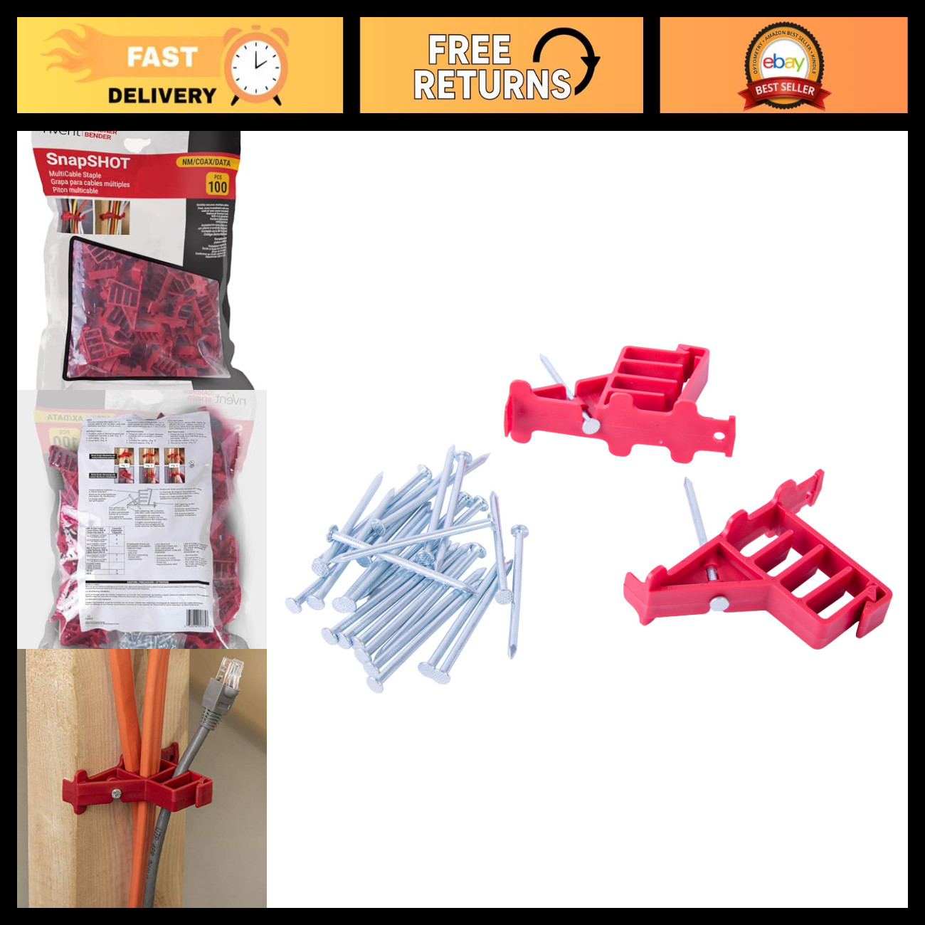 Multi-Cable Staples for NM, Coaxial & CAT 5 - 100 Pack, Red, Secure Wiring Solut