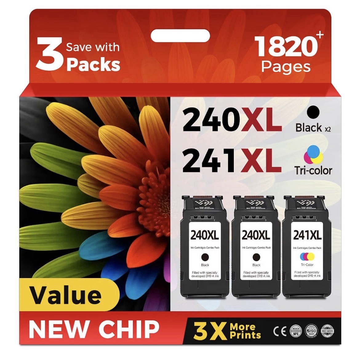 PG-240XL CL-241XL Ink Cartridges, 2 Black, 1 Color Combo for Canon 240 241